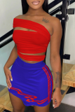 Red Blue Sexy Print Patchwork One Shoulder Sleeveless Two Pieces