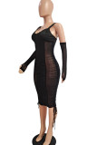 Deep Blue Sexy Solid Patchwork See-through Zipper Spaghetti Strap One Step Skirt Dresses