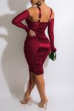 Deep Blue Sexy Solid Patchwork See-through Zipper Spaghetti Strap One Step Skirt Dresses