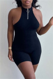 Rose Red Sexy Casual Solid Backless Halter Sleeveless Skinny Romper