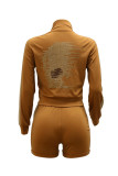 Camel Fashion Casual Patchwork Hot Drill Zipper Collar Long Sleeve Two Pieces