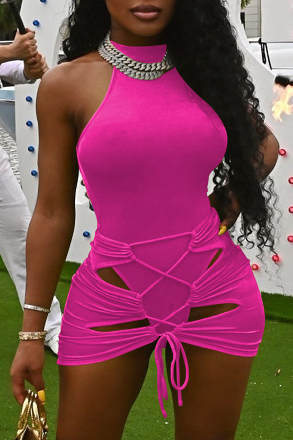 Rose Red Sexy Solid Hollowed Out O Neck Sleeveless Two Pieces
