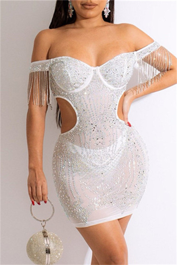 White Fashion Sexy Patchwork Hot Drilling Hollowed Out Backless Off the Shoulder A Line Dresses