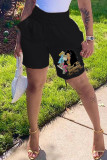 Black Fashion Casual Print Basic Regular High Waist Shorts
