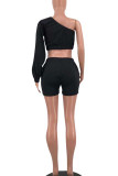 Blue Casual Solid Patchwork Oblique Collar Long Sleeve Two Pieces