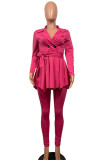 Red Casual Solid Patchwork Fold Asymmetrical Turn-back Collar Long Sleeve Two Pieces