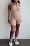 Rose Red Sexy Casual Solid Backless Halter Sleeveless Skinny Romper
