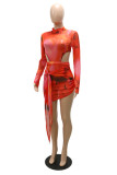 Orange Sexy Print Bandage Hollowed Out See-through Asymmetrical Half A Turtleneck Long Sleeve Dresses
