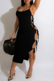 White Fashion Sexy Solid Bandage Hollowed Out Backless Spaghetti Strap Sleeveless Dress