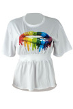 White O Neck Short Sleeve backless ruffle Print asymmetrical HOLLOWED OUT Tees & T-shirts