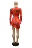 Orange Sexy Print Bandage Hollowed Out See-through Asymmetrical Half A Turtleneck Long Sleeve Dresses