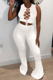 White Sexy Solid Bandage Hollowed Out Patchwork O Neck Sleeveless Two Pieces