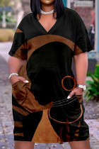 Black Fashion Casual Print Basic V Neck Short Sleeve Dress