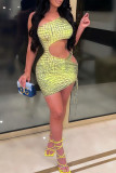Yellow Sexy Print Hollowed Out Patchwork Asymmetrical Oblique Collar Pencil Skirt Dresses