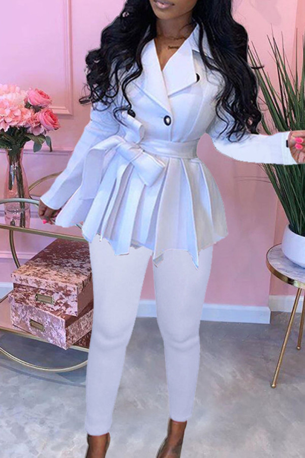 White Casual Solid Patchwork Fold Asymmetrical Turn-back Collar Long Sleeve Two Pieces