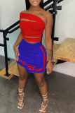 Red Blue Sexy Print Patchwork One Shoulder Sleeveless Two Pieces