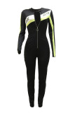 Black Fashion Casual Patchwork Basic Zipper Collar Skinny Jumpsuits