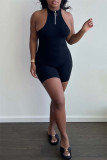 Rose Red Sexy Casual Solid Backless Halter Sleeveless Skinny Romper