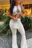 White Sexy Solid Bandage Hollowed Out Patchwork O Neck Sleeveless Two Pieces