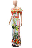 Colour Sweet Print Patchwork Flounce Off the Shoulder Short Sleeve Two Pieces