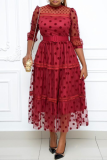 Red Sexy Solid Mesh O Neck Cake Skirt Dresses