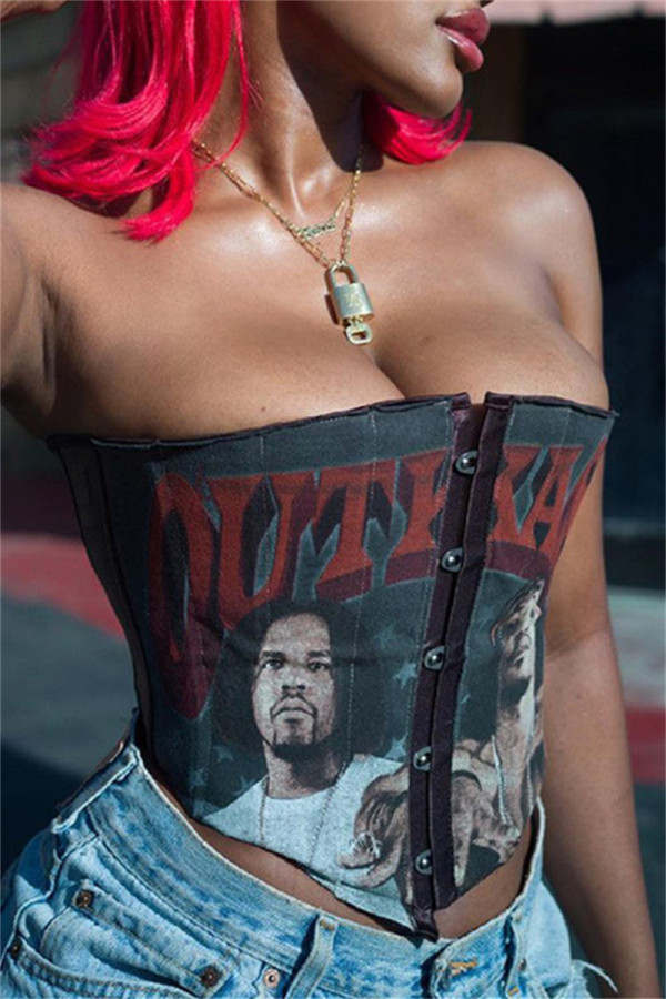 Black Fashion Sexy Print Patchwork Backless Strapless Tops