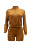 Camel Fashion Casual Patchwork Hot Drill Zipper Collar Long Sleeve Two Pieces