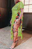Light Green Sexy Solid Hollowed Out Patchwork See-through Slit O Neck Straight Dresses
