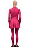 Red Casual Solid Patchwork Fold Asymmetrical Turn-back Collar Long Sleeve Two Pieces