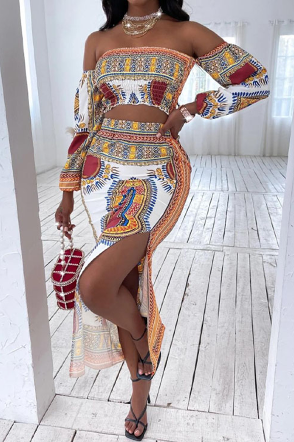 White Sexy Print Patchwork Off the Shoulder Long Sleeve Two Pieces