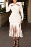 White Fashion Casual Solid Tassel Hollowed Out Backless V Neck Long Sleeve Dresses
