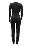 Black Fashion Casual Patchwork Basic Zipper Collar Skinny Jumpsuits
