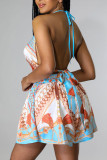 Blue Sexy Print Split Joint Backless Halter Sleeveless Two Pieces