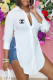 White Fashion Sexy Print Slit Turndown Collar Tops