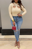Camel Fashion Casual Solid Hollowed Out O Neck Tops