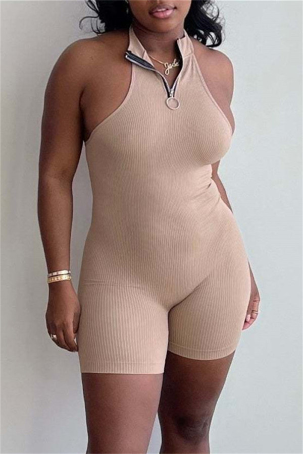 Apricot Sexy Casual Solid Backless Halter Sleeveless Skinny Romper