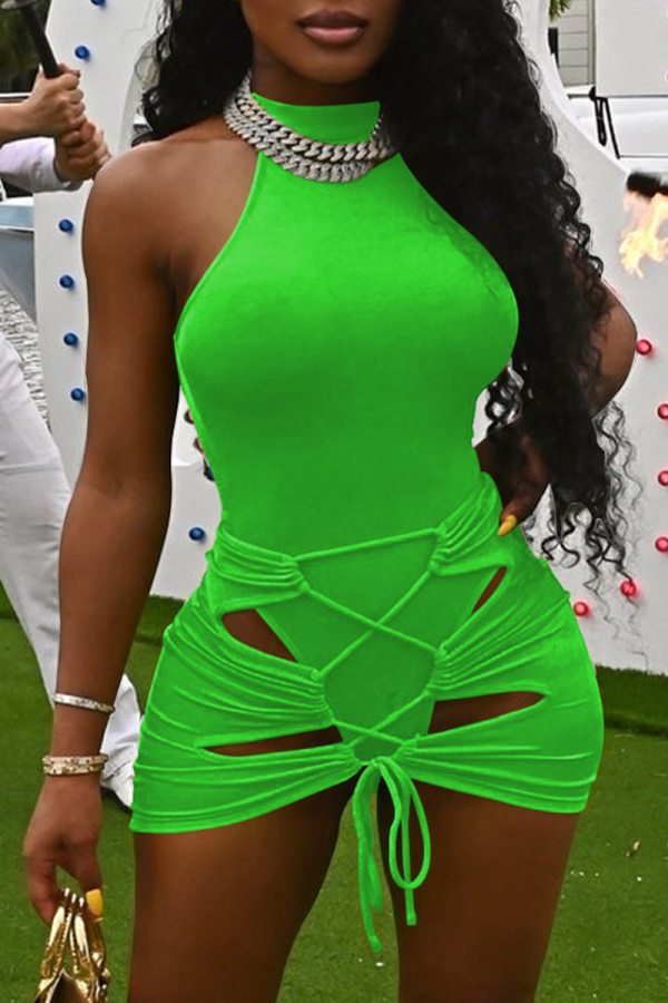 Fluorescent Green Sexy Solid Hollowed Out O Neck Sleeveless Two Pieces