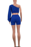 Blue Casual Solid Patchwork Oblique Collar Long Sleeve Two Pieces