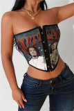Black Fashion Sexy Print Patchwork Backless Strapless Tops