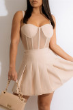 Pink Fashion Sexy Solid Split Joint See-through Backless Spaghetti Strap Pleated Dresses