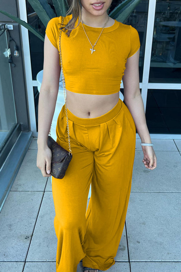 Yellow Casual Solid Patchwork O Neck Short Sleeve Two Pieces