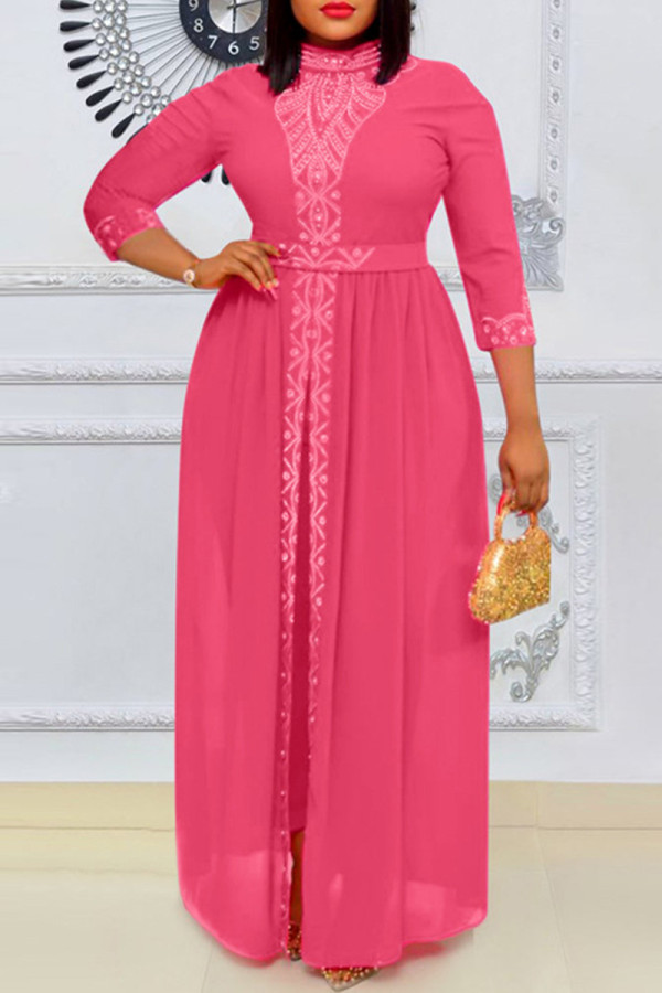 Rose Pink Fashion Casual Patchwork Hot Drill Half A Turtleneck Three Quarter Two Pieces