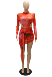 Orange Sexy Print Bandage Hollowed Out See-through Asymmetrical Half A Turtleneck Long Sleeve Dresses