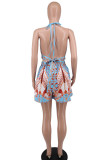 Blue Fashion Sexy Print Bandage Backless Halter Sleeveless Two Pieces