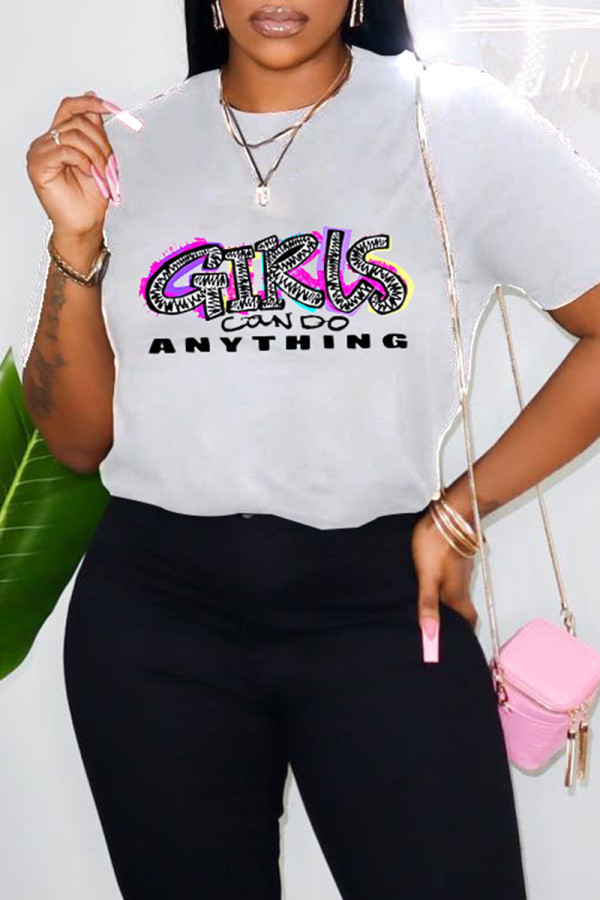 White Fashion Casual Print Basic O Neck T-Shirts