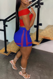 Red Blue Sexy Print Patchwork One Shoulder Sleeveless Two Pieces