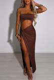Coffee Sexy Solid Hollowed Out Patchwork Fold Strapless Straight Dresses