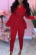 Red Casual Solid Patchwork Fold Asymmetrical Turn-back Collar Long Sleeve Two Pieces