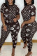 Brown Fashion Casual Print Patchwork Letter O Neck Short Sleeve Two Pieces
