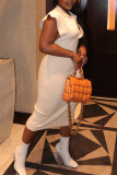 White Casual Solid Patchwork Turndown Collar One Step Skirt Dresses